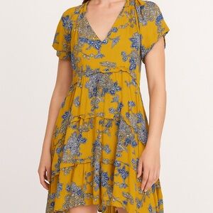Anthropologie Jewel Yellow Romantic Holiday Boho Festival Ruffles Floral Dress